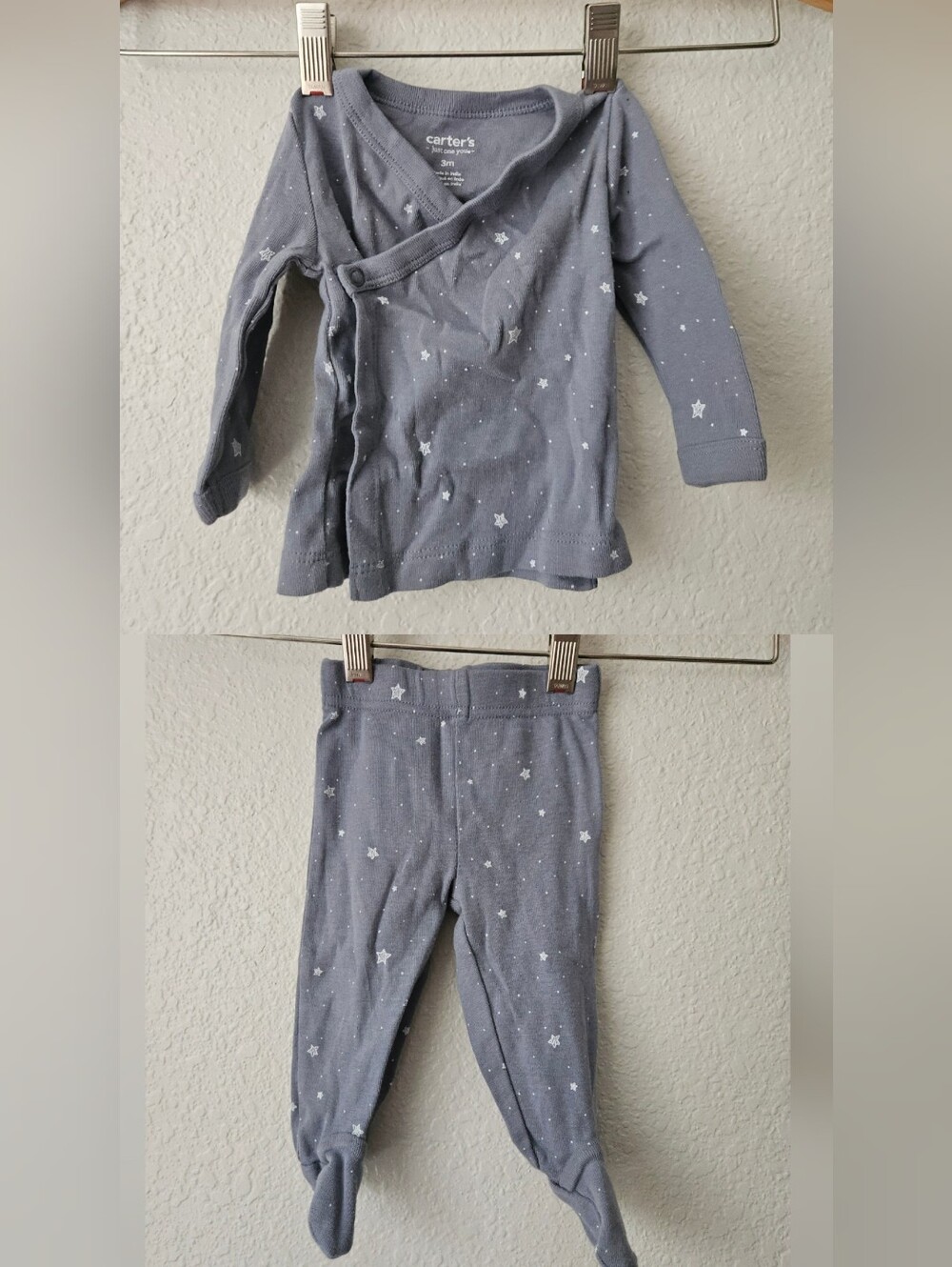 carters 100% cotton 2 piece kimono top and pant set, grey with stars, 3 months